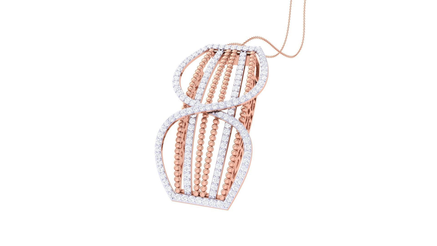 The Penelope Diamond Pendant Set by Niraa features a rose gold and diamond necklace with matching earrings, showcasing intertwined oval shapes adorned with sparkling diamonds for a modern and elegant look.