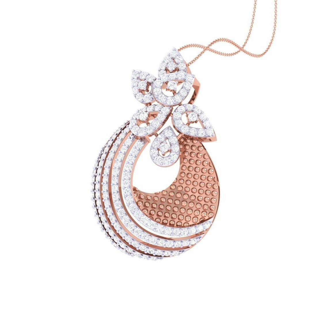 The Octavia Diamond Pendant Set by Niraa showcases an elegant design with rose gold base, featuring a graceful pendant and matching earrings adorned with white gemstones in petal and hoop motifs. The pendant hangs delicately from a fine chain, creating an exquisite ensemble.