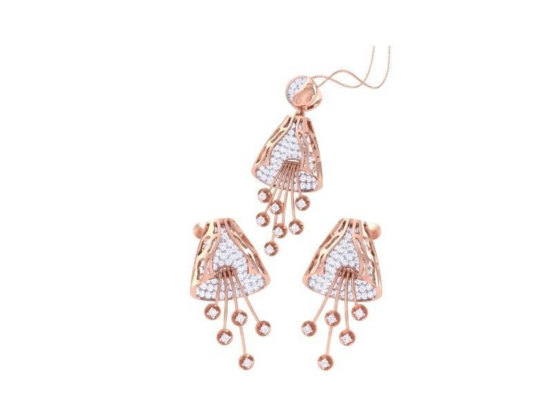 The Niraa Valentina Diamond Pendant Set includes a necklace and earrings with rose gold and diamond accents. The triangular design features dangling strands with circular diamond accents, and the fine chain adds elegance, making it perfect for any occasion.