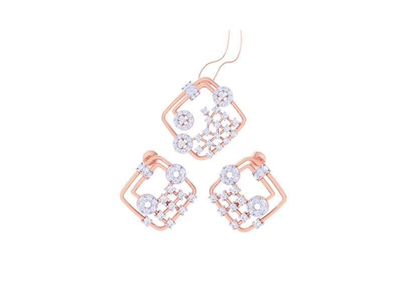 The Harper Diamond Pendant Set by Niraa features a rose gold jewelry ensemble with a necklace and earrings highlighting intricate square designs. Each piece dazzles with circular accents and sparkling details, providing an elegant and sophisticated look.