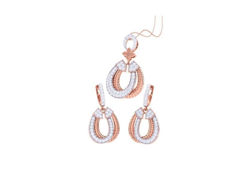 The Tabitha Diamond Pendant Set by Niraa features a stunning jewelry set with a horseshoe design, showcasing shimmering white stones and elegant rose gold accents on a pristine background.