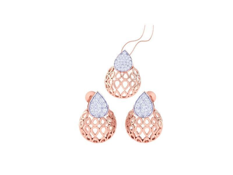 The Amelia Diamond Pendant Set by Niraa features a stunning rose gold openwork design with teardrop-shaped sections encrusted in small white crystals. This elegant set, including a necklace and matching earrings, mirrors each others intricate patterns for a timeless touch of sophistication.