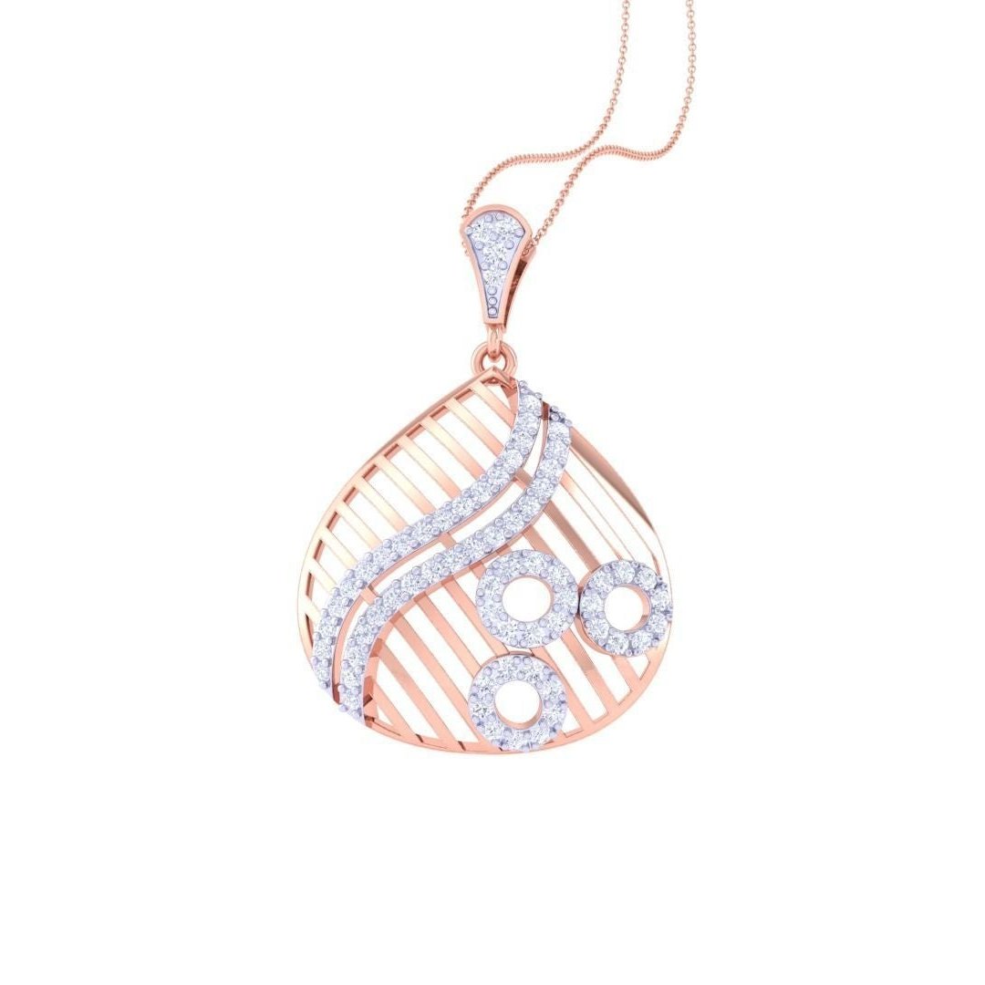 The Camila Diamond Pendant Set by Niraa features a stunning rose gold necklace and earrings, each teardrop-shaped with wavy lines and circular patterns. Adorned with white gemstones, the delicate chain adds elegance.