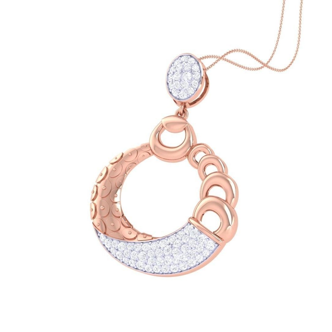 The Serena Diamond Pendant Set by Niraa features rose gold earrings and a matching pendant encrusted with white diamonds. The circular design and diamond crescent are connected by a delicate chain, forming an exquisite ensemble radiating elegance.