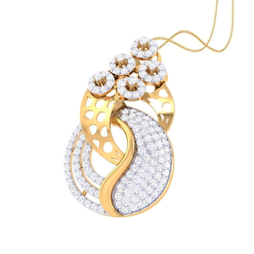 The Ellie Diamond Pendant Set by Niraa includes rose gold and silver jewelry featuring a pendant with circular and floral designs adorned with small gems, plus matching earrings featuring a star-like floral motif with sparkling stones.