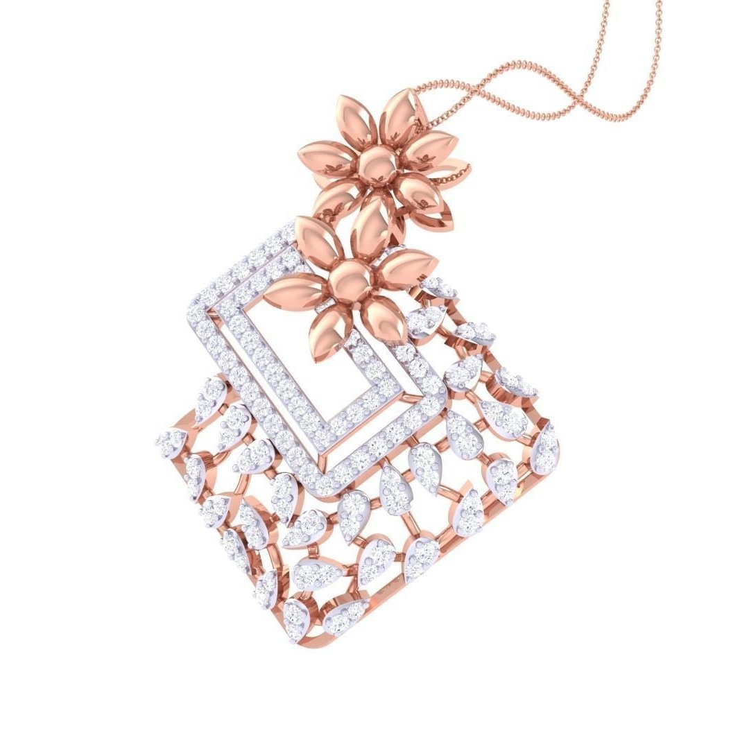 The Niraa Aubrey Diamond Pendant Set includes a stunning necklace and earrings with geometric designs, diamond-like stones, and red-gold floral accents for a cohesive, elegant look.