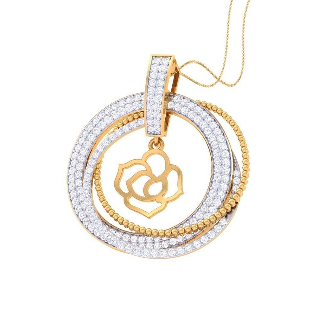 The Niraa Olivia Diamond Pendant Set showcases elegance with its rose gold floral motifs and double circular layers of sparkling clear stones, adding timeless charm and sophistication to any outfit.
