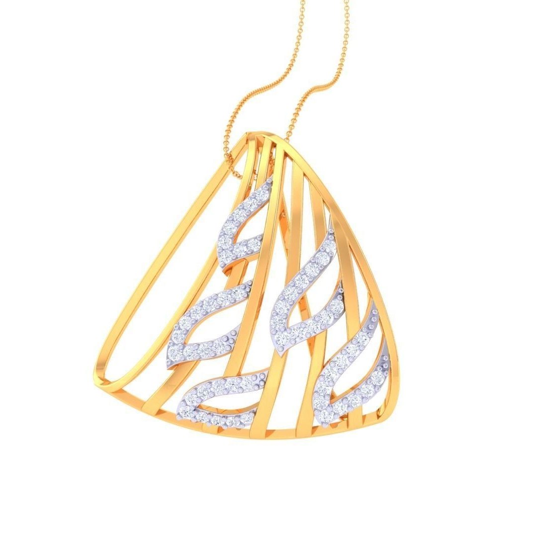 The Mila Diamond Pendant Set by Niraa features a necklace and earrings with matching rose gold triangular cage designs, enhanced with intertwined diamond accents for an elegant shimmer.
