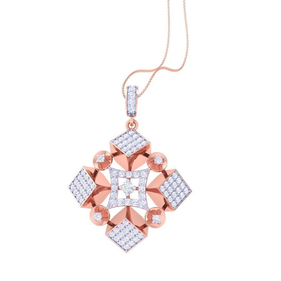 The Niraa Brooklyn Diamond Pendant Set showcases a pendant and earrings with a geometric design. Featuring an elegant rose gold square pattern and sparkling white gemstones, the exquisite pendant gracefully dangles from a fine chain, enhancing any ensemble with sophistication.