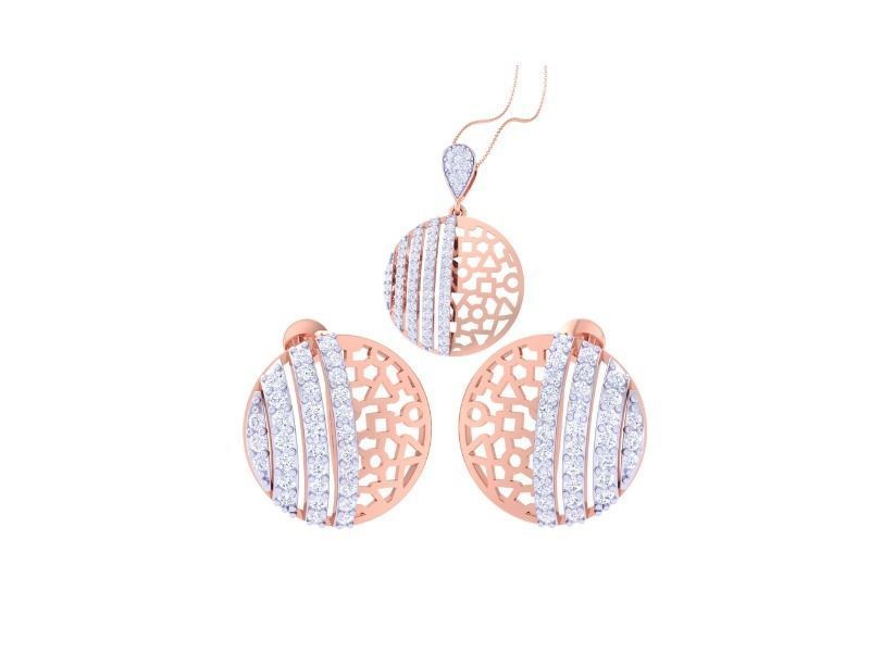 The Verity Diamond Pendant Set by Niraa includes a pendant and matching earrings in a rose gold circular design with intricate patterns. Each piece dazzles with rows of white stones, and the pendant hangs from a delicate chain, perfect for any occasion.