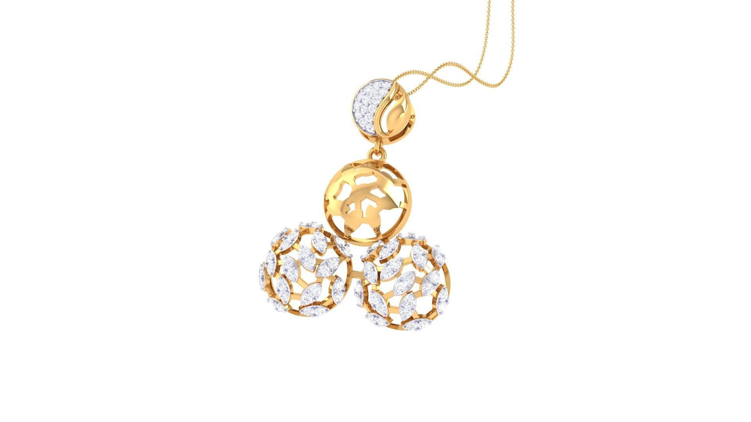 The Hazel Diamond Pendant Set by Niraa features a necklace and matching earrings in rose gold. Intricate circular patterns with sparkling white accents create an elegant, sophisticated look against a pristine white backdrop.