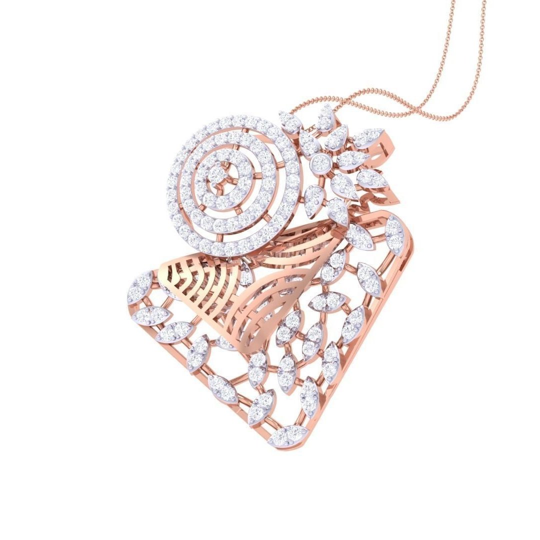The Natalie Diamond Pendant Set by Niraa features a gold necklace and earrings with a triangular design, intricate patterns, and dazzling diamonds against a white background. This exquisite ensemble is perfect for any occasion, radiating timeless elegance and sophistication.