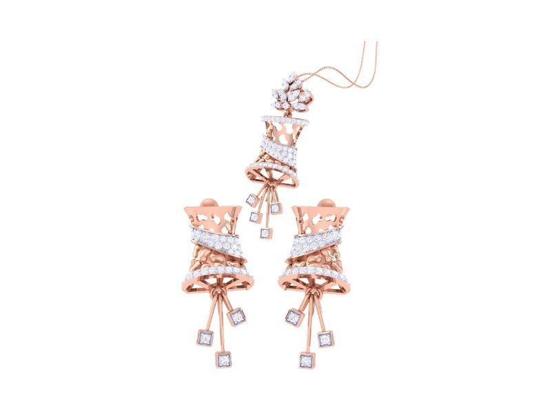 The Romilly Diamond Pendant Set by Niraa, crafted in rose gold, includes a necklace and earrings with intricate bell-shaped pendants and white stone adornments, featuring dangling square stones for an elegant look against a white background.
