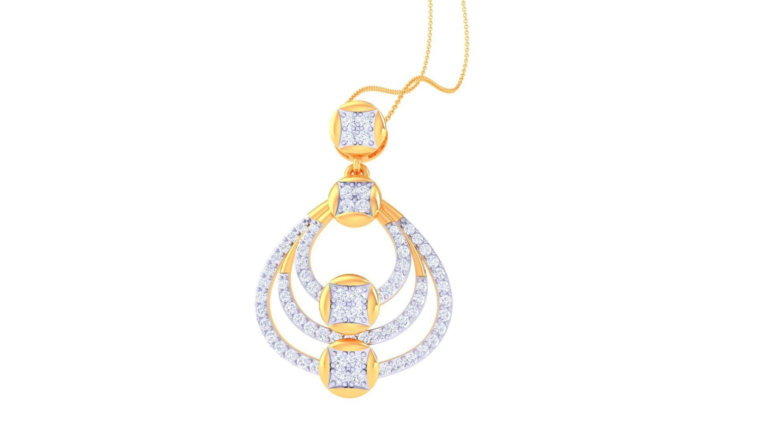The Lillian Diamond Pendant Set by Niraa features rose gold and diamond accents, including a pendant with three teardrop designs adorned with diamonds, and matching earrings each with a similar teardrop pattern and central square diamond.