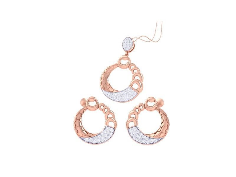 The Serena Diamond Pendant Set by Niraa features rose gold earrings and a matching pendant encrusted with white diamonds. The circular design and diamond crescent are connected by a delicate chain, forming an exquisite ensemble radiating elegance.