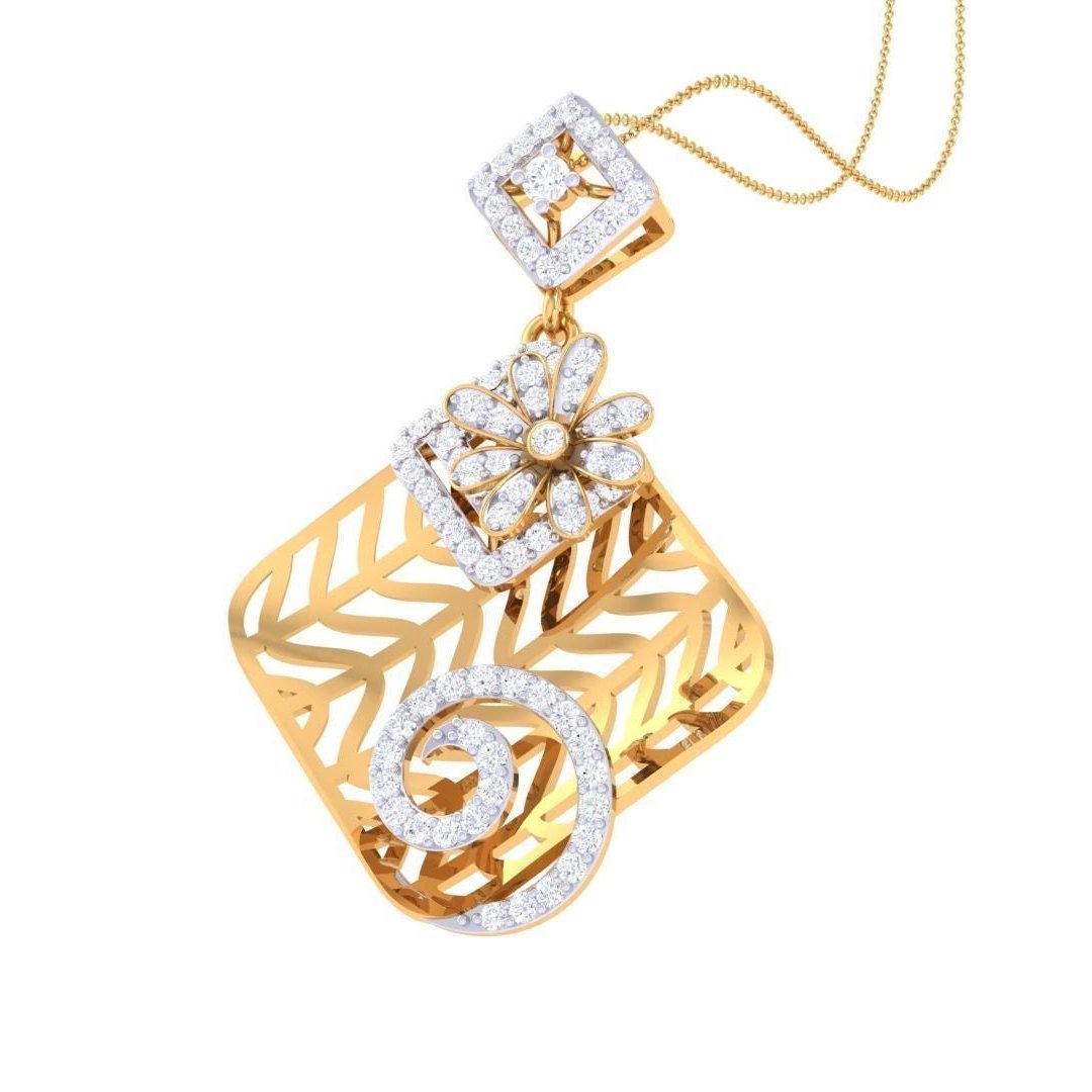 The Mireille Diamond Pendant Set by Niraa features a rose gold design with floral and geometric patterns, enhanced with dazzling white stones. Set against a white backdrop, this exquisite jewelry epitomizes elegance and timeless charm.
