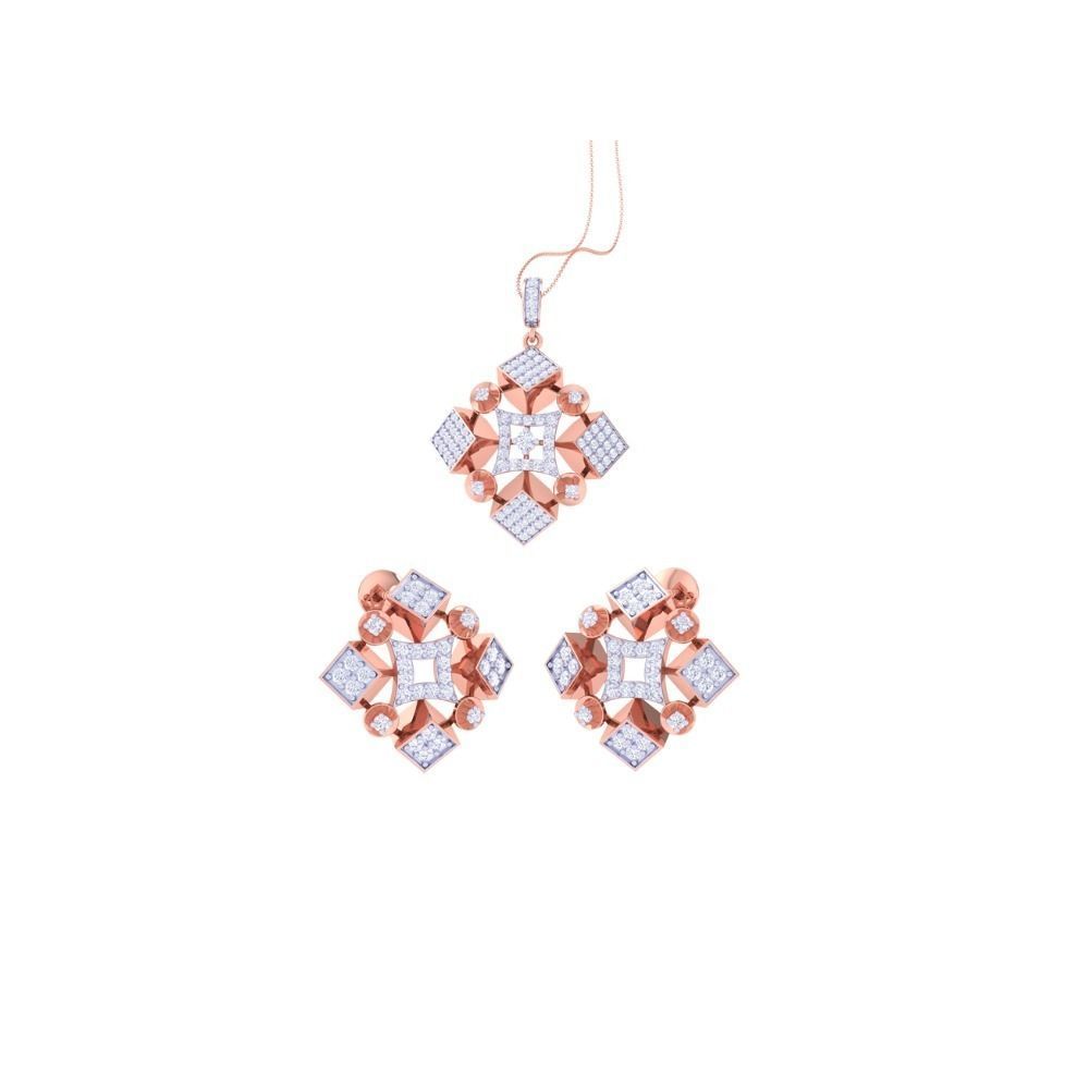 The Niraa Brooklyn Diamond Pendant Set showcases a pendant and earrings with a geometric design. Featuring an elegant rose gold square pattern and sparkling white gemstones, the exquisite pendant gracefully dangles from a fine chain, enhancing any ensemble with sophistication.