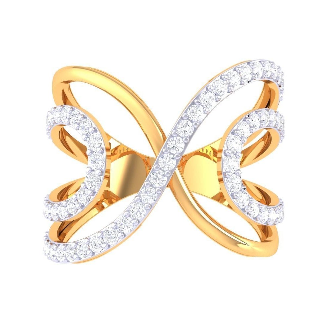 Experience elegance with the Angelica Diamond Ladies Ring by Niraa, a luxurious gold accessory. Its intricate, butterfly-inspired design boasts two curved bands adorned with sparkling diamonds for a symmetrical and elegant look.