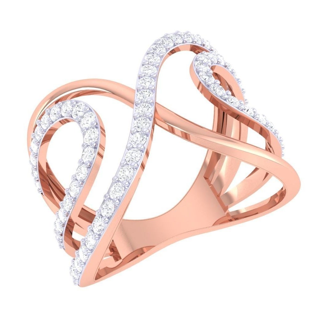 Experience elegance with the Angelica Diamond Ladies Ring by Niraa, a luxurious gold accessory. Its intricate, butterfly-inspired design boasts two curved bands adorned with sparkling diamonds for a symmetrical and elegant look.