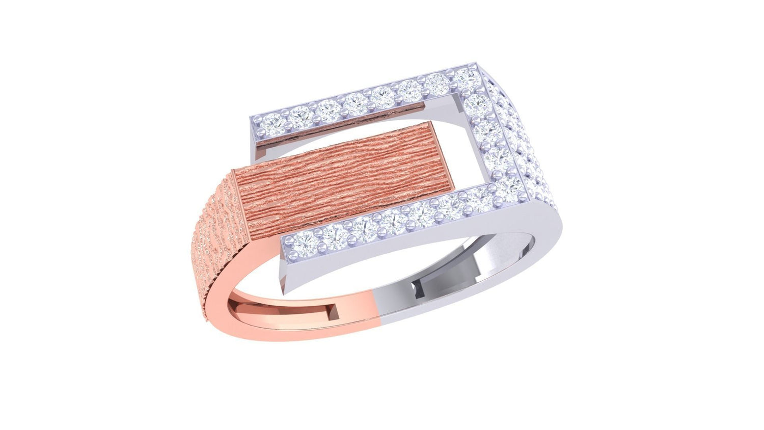 The Niraa Robin Diamond Mens Ring features a modern geometric design with a rectangular, textured band and a U-shaped array of sparkling white gemstones, masterfully blending matte and shiny finishes for contemporary flair.