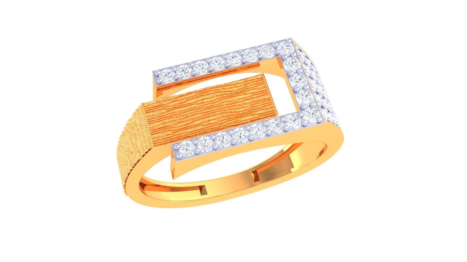 The Niraa Robin Diamond Mens Ring features a modern geometric design with a rectangular, textured band and a U-shaped array of sparkling white gemstones, masterfully blending matte and shiny finishes for contemporary flair.