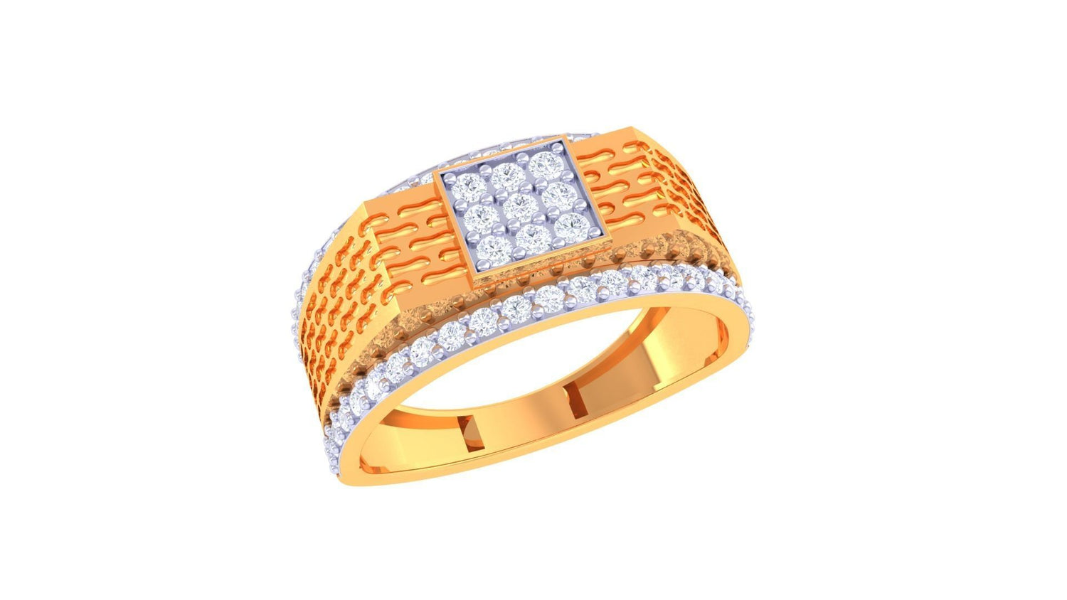 The Micah Diamond Mens Ring by Niraa is a gold band featuring intricate wave patterns and a stunning square cluster of diamonds at the center. Its edges are elegantly lined with shimmering diamonds, adding captivating sparkle to this exquisite piece.