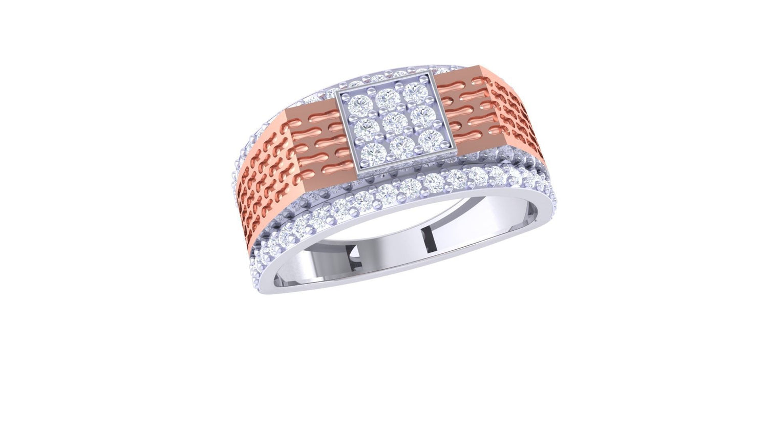 The Micah Diamond Mens Ring by Niraa is a gold band featuring intricate wave patterns and a stunning square cluster of diamonds at the center. Its edges are elegantly lined with shimmering diamonds, adding captivating sparkle to this exquisite piece.
