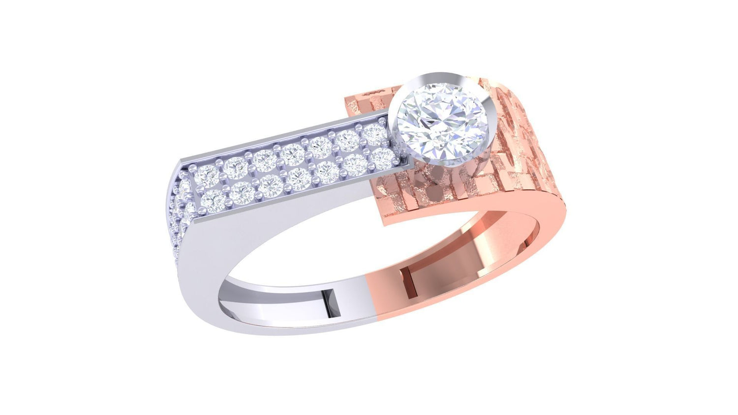 The Lorelai Diamond Mens Ring by Niraa features a unique off-center round diamond on a gold band, adorned with smaller diamonds on one side for an asymmetrical charm.