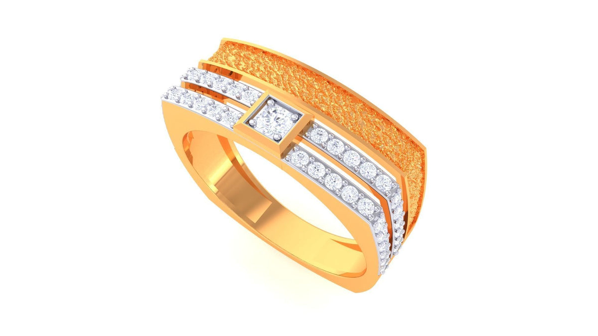 The Amora Diamond Mens Ring by Niraa showcases a textured upper gold band with a central square diamond, flanked by two rows of smaller diamonds. Its plain bottom band enhances its elegance, all set against a pristine white background for timeless beauty.