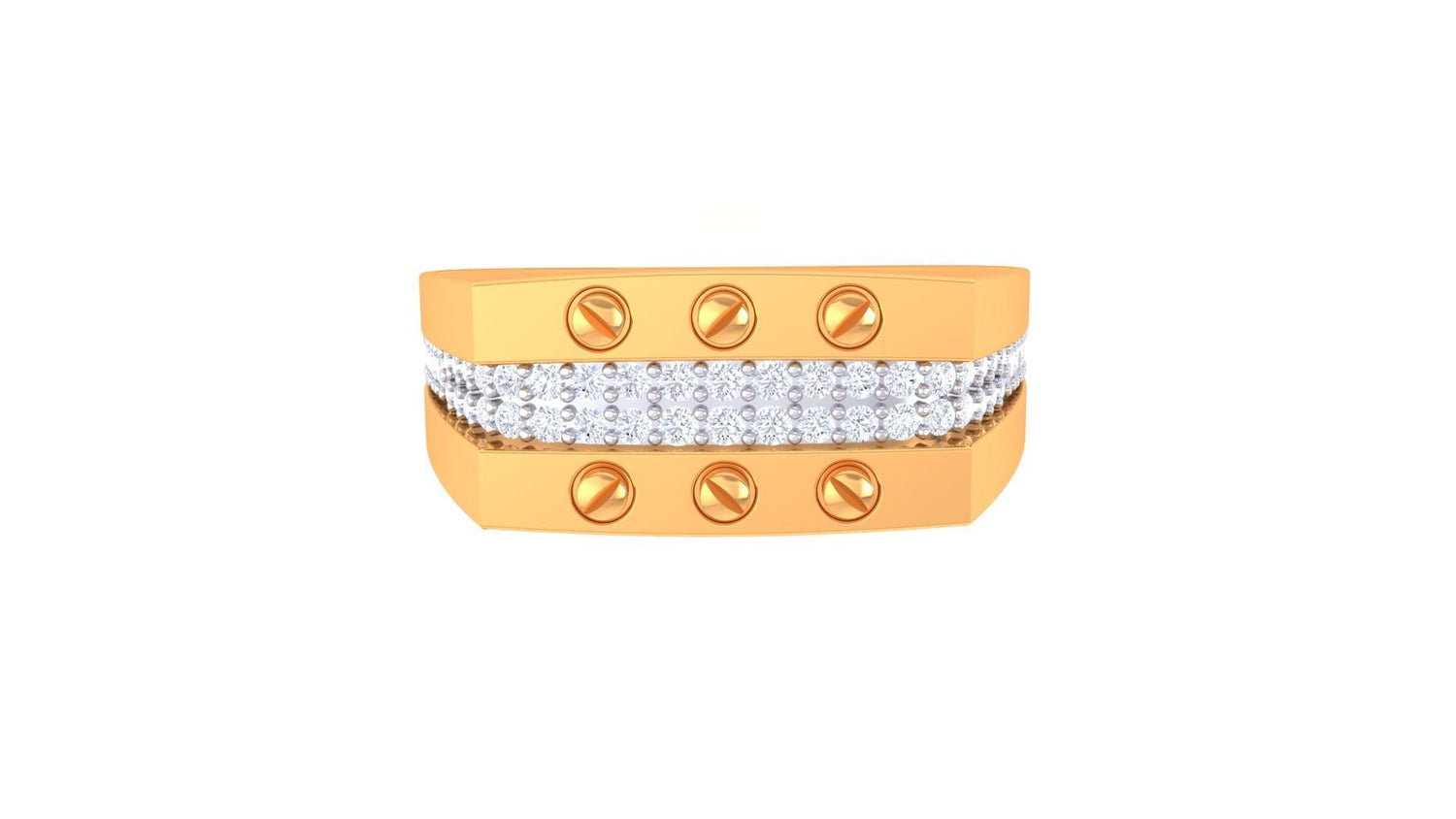 The Sandra Diamond Mens Ring by Niraa is a flat-designed gold ring featuring a central band of small round diamonds, elegantly flanked by screw-head accents.