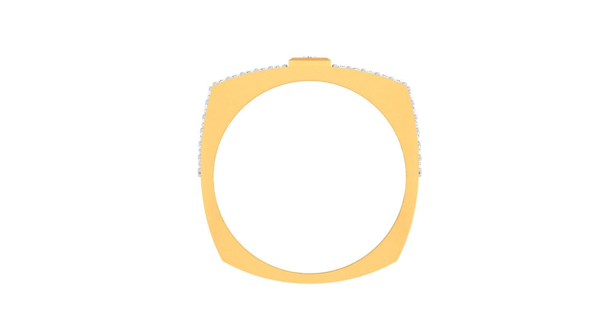 The Amora Diamond Mens Ring by Niraa showcases a textured upper gold band with a central square diamond, flanked by two rows of smaller diamonds. Its plain bottom band enhances its elegance, all set against a pristine white background for timeless beauty.