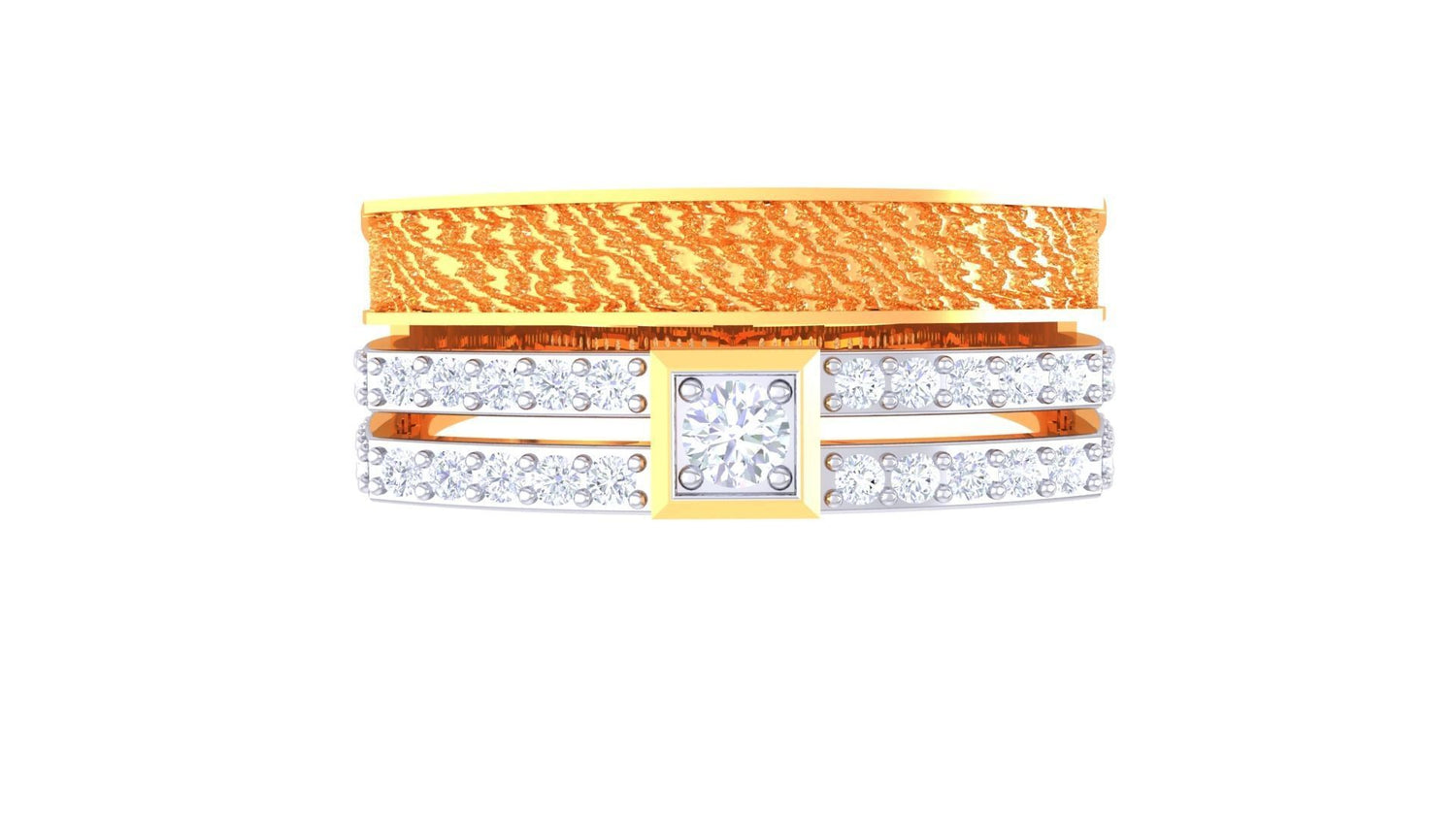 The Amora Diamond Mens Ring by Niraa showcases a textured upper gold band with a central square diamond, flanked by two rows of smaller diamonds. Its plain bottom band enhances its elegance, all set against a pristine white background for timeless beauty.