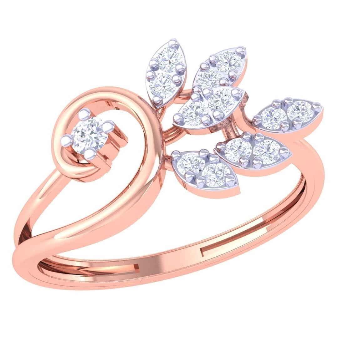 The Rosa Diamond Ladies Ring by Niraa is a luxury accessory featuring a spiral design with a central round diamond. Sleek leaves extend from the spiral, each adorned with small round diamonds, creating a floral or vine-like appearance that epitomizes exquisite craftsmanship.