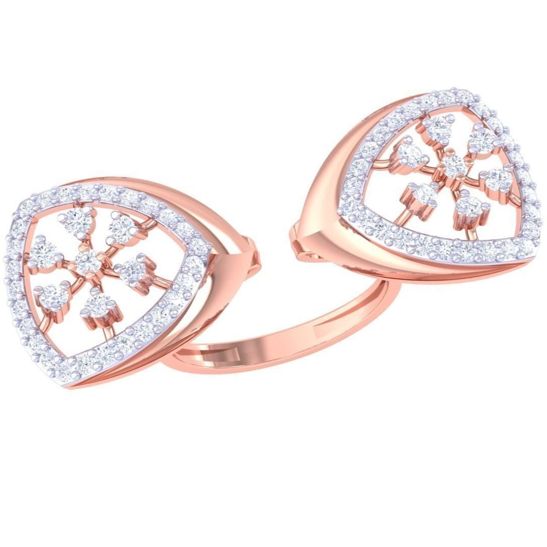 The Zinnia Diamond Ladies Ring by Niraa is a luxury accessory featuring two fan-like sections with intricate designs. Adorned with white gems in floral patterns and bordered by smaller gems, it adds elegance to any outfit.