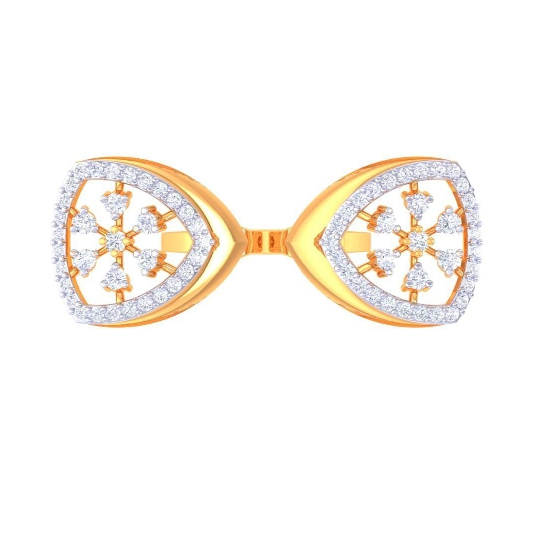 The Zinnia Diamond Ladies Ring by Niraa is a luxury accessory featuring two fan-like sections with intricate designs. Adorned with white gems in floral patterns and bordered by smaller gems, it adds elegance to any outfit.