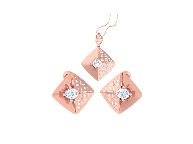The Niraa Maria Diamond Solitaire Pendant Set features a rose gold jewelry ensemble, including a pendant and earrings. Each piece has a square design with cut-out lattice patterns and a central sparkling gemstone, with the diamond solitaire pendant elegantly hanging from a delicate chain.