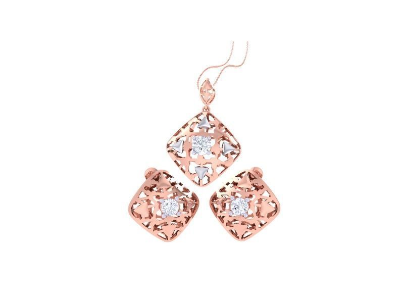 The Marvel Diamond Solitaire Pendant Set by Niraa features a rose gold jewelry set with earrings and a pendant showcasing geometric patterns and central sparkling stones. The pendant hangs from a thin chain, matching the earrings. A true luxury accessory for any occasion.