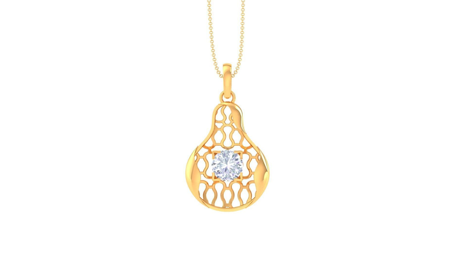 The Madison Diamond Solitaire Pendant Set by Niraa is a rose gold jewelry set displaying luxury with its intricate openwork and single clear gemstones in both the pendant and matching earrings, beautifully showcased against a white backdrop.