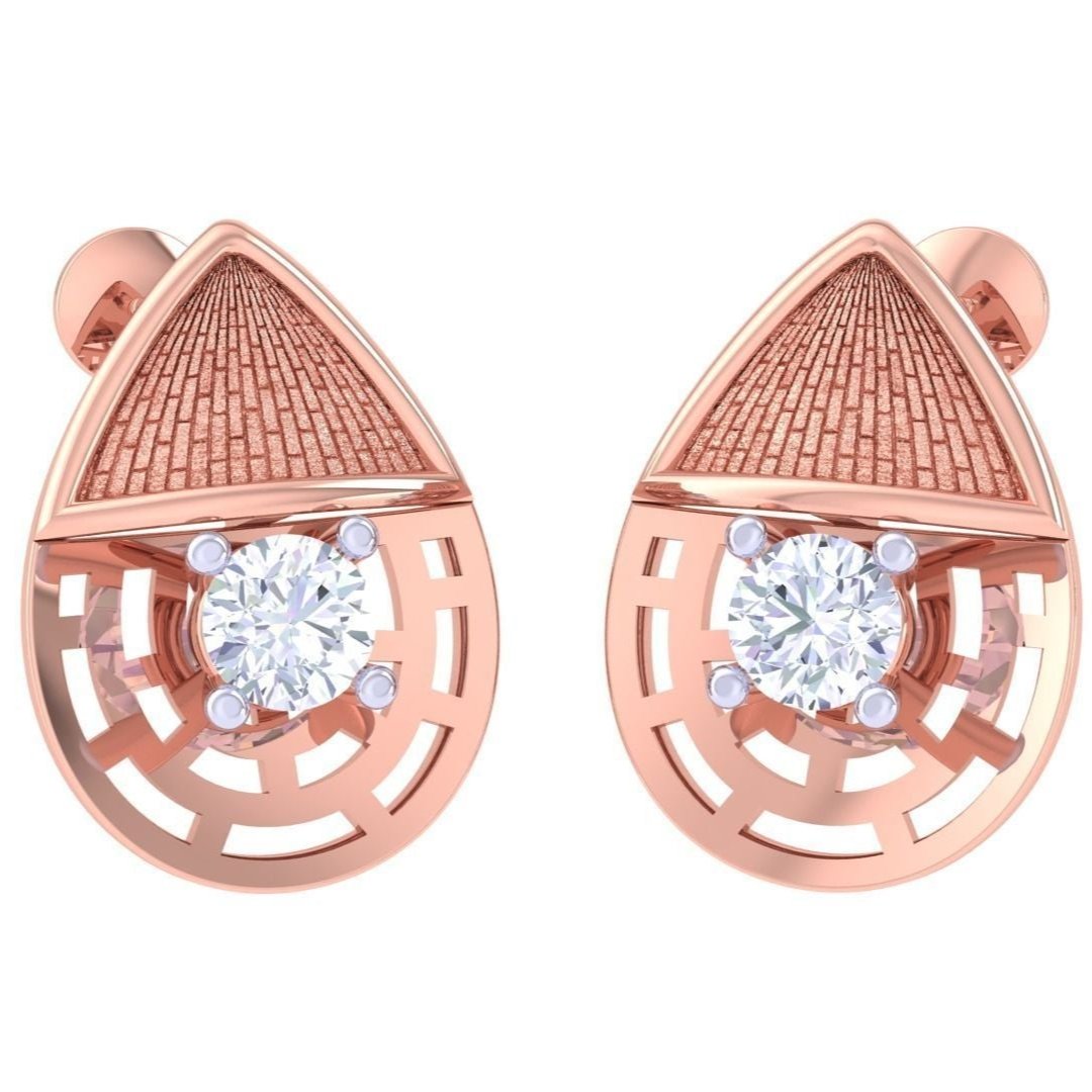 The Niraa Madeline Diamond Solitaire Pendant Set is a luxury rose gold accessory featuring a necklace and two earrings, each with intricate lattice designs and a central sparkling round gemstone. Perfect for creating an elegant and sophisticated look on a white background.