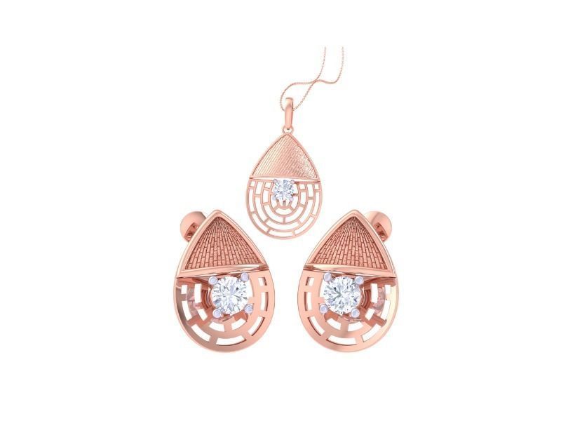 The Niraa Madeline Diamond Solitaire Pendant Set is a luxury rose gold accessory featuring a necklace and two earrings, each with intricate lattice designs and a central sparkling round gemstone. Perfect for creating an elegant and sophisticated look on a white background.