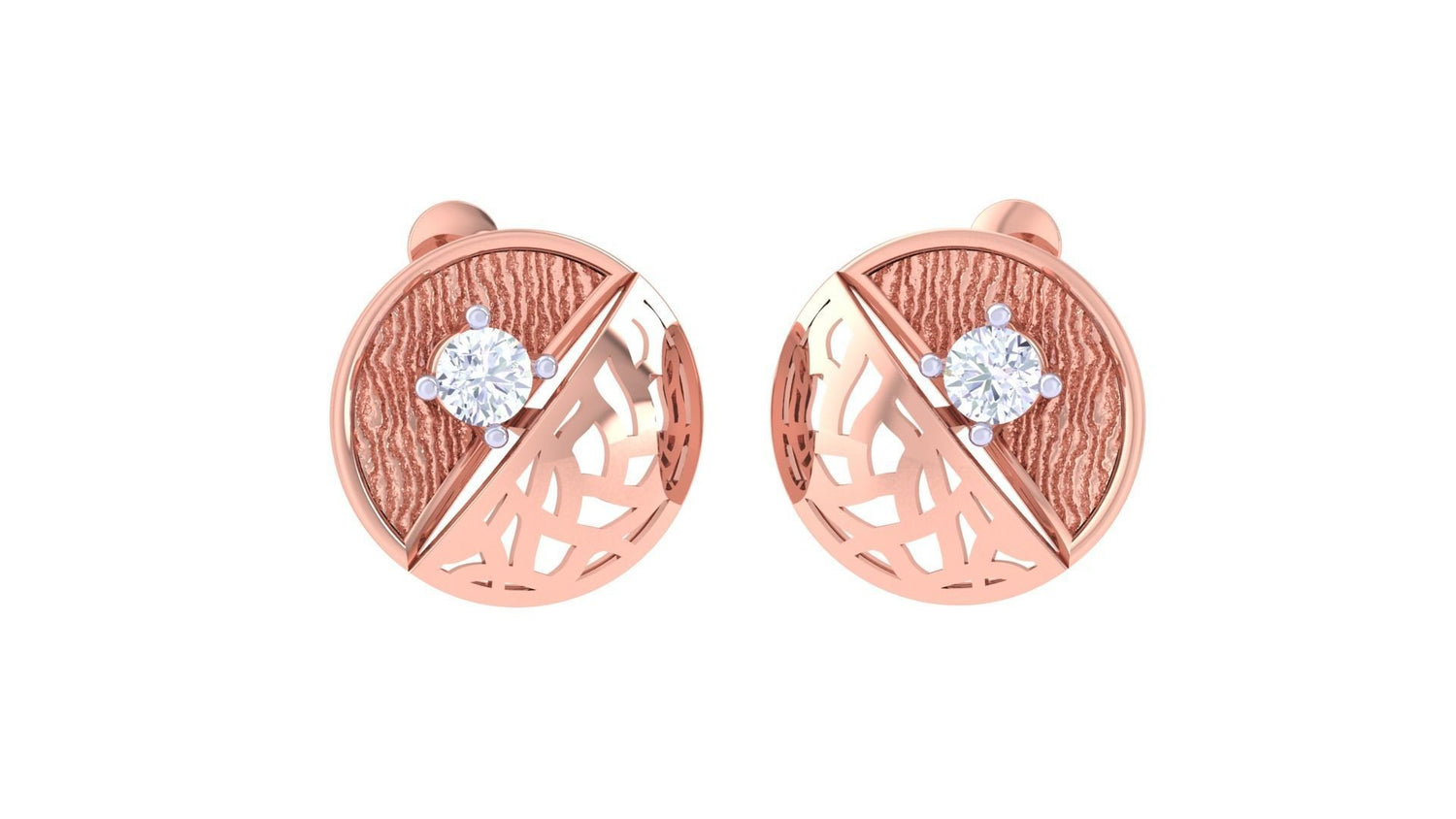 The Margot Diamond Solitaire Pendant Set by Niraa is a luxury accessory in rose gold, featuring a necklace and matching earrings with circular designs, textured surfaces, diagonal bands, and central rhinestones. The necklace elegantly hangs from a fine chain.