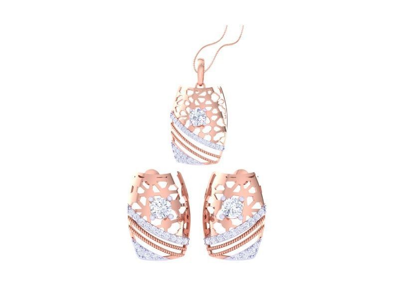 The Niraa Natalia Diamond Solitaire Pendant Set is a luxury accessory in rose gold, featuring a necklace and matching earrings. It showcases intricate openwork with sparkling diamond-like accents for an elegant and delicate appearance.