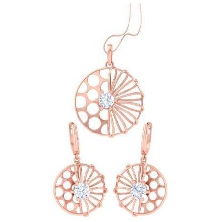 The Niraa Layla Diamond Solitaire Pendant Set is a rose gold jewelry set including a necklace and earrings. Each piece features a circular design with cutout patterns, centered by a sparkling gemstone resembling a stylized flower, embodying luxurious elegance.