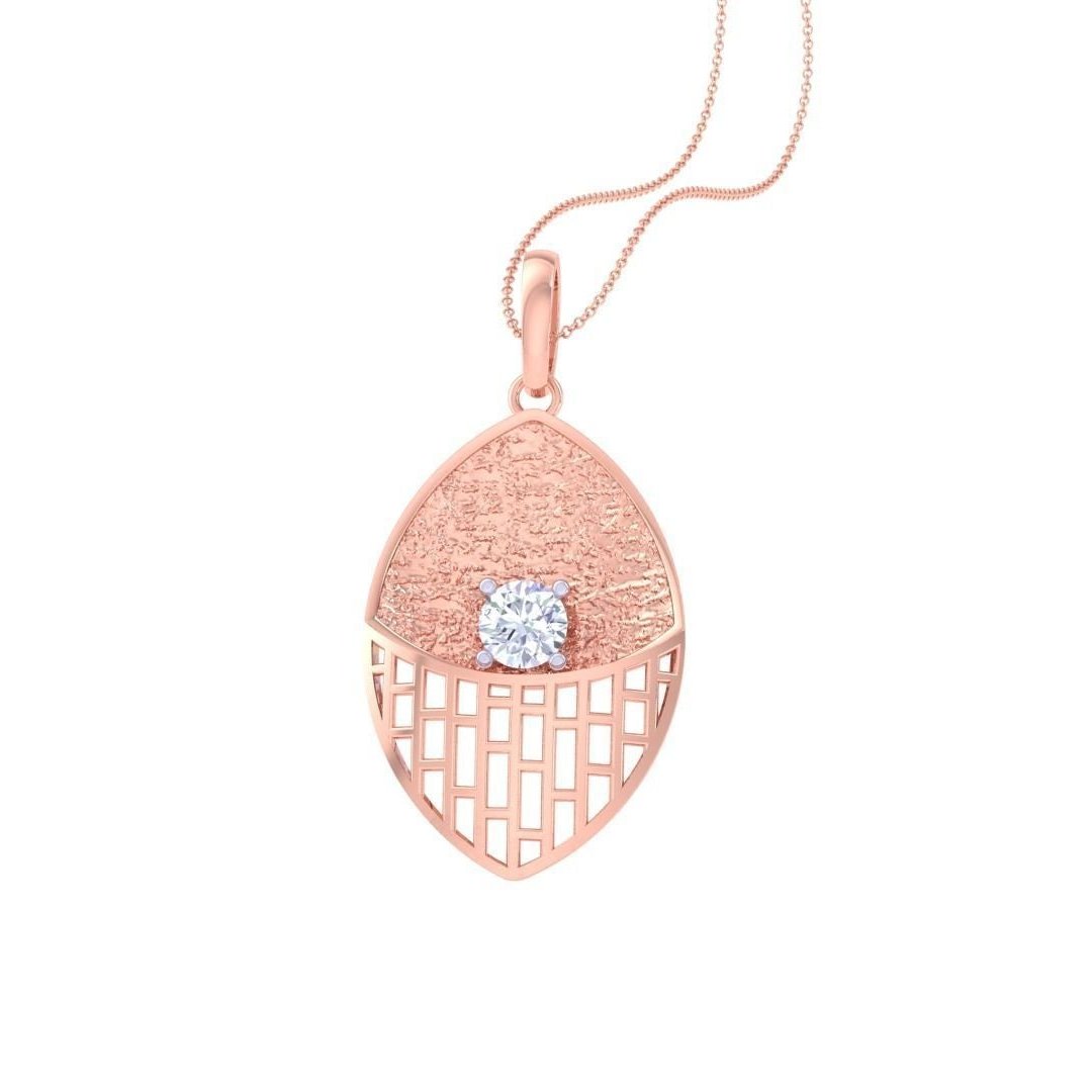 The Lydia Diamond Solitaire Pendant Set by Niraa features a rose gold jewelry set including a lattice-detailed teardrop pendant and matching earrings, each with a sparkling crystal centerpiece. The elegant diamond solitaire pendant is delicately suspended on a fine chain.