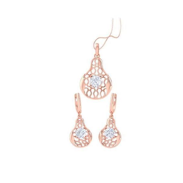 The Madison Diamond Solitaire Pendant Set by Niraa is a rose gold jewelry set displaying luxury with its intricate openwork and single clear gemstones in both the pendant and matching earrings, beautifully showcased against a white backdrop.