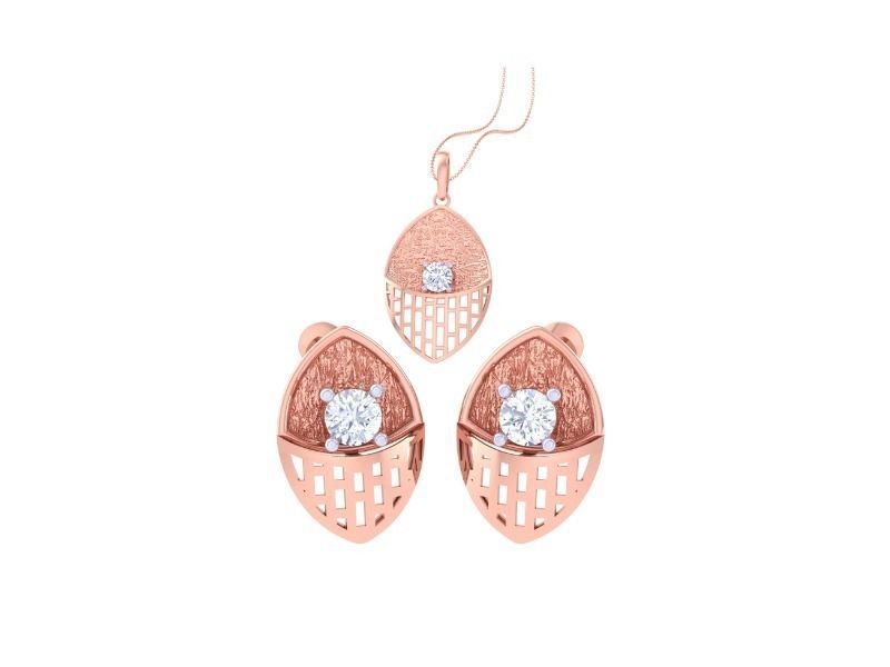 The Lydia Diamond Solitaire Pendant Set by Niraa features a rose gold jewelry set including a lattice-detailed teardrop pendant and matching earrings, each with a sparkling crystal centerpiece. The elegant diamond solitaire pendant is delicately suspended on a fine chain.