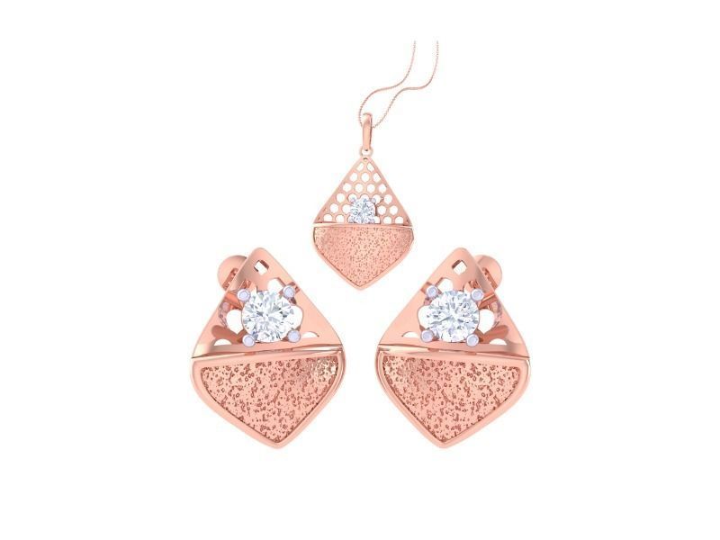 The Niraa Luciana Diamond Solitaire Pendant Set is a luxury rose gold jewelry collection, comprising a necklace and earrings. It features a triangular design with textured finish, openwork detailing, and is topped with sparkling gemstones that evoke diamond solitaire elegance.