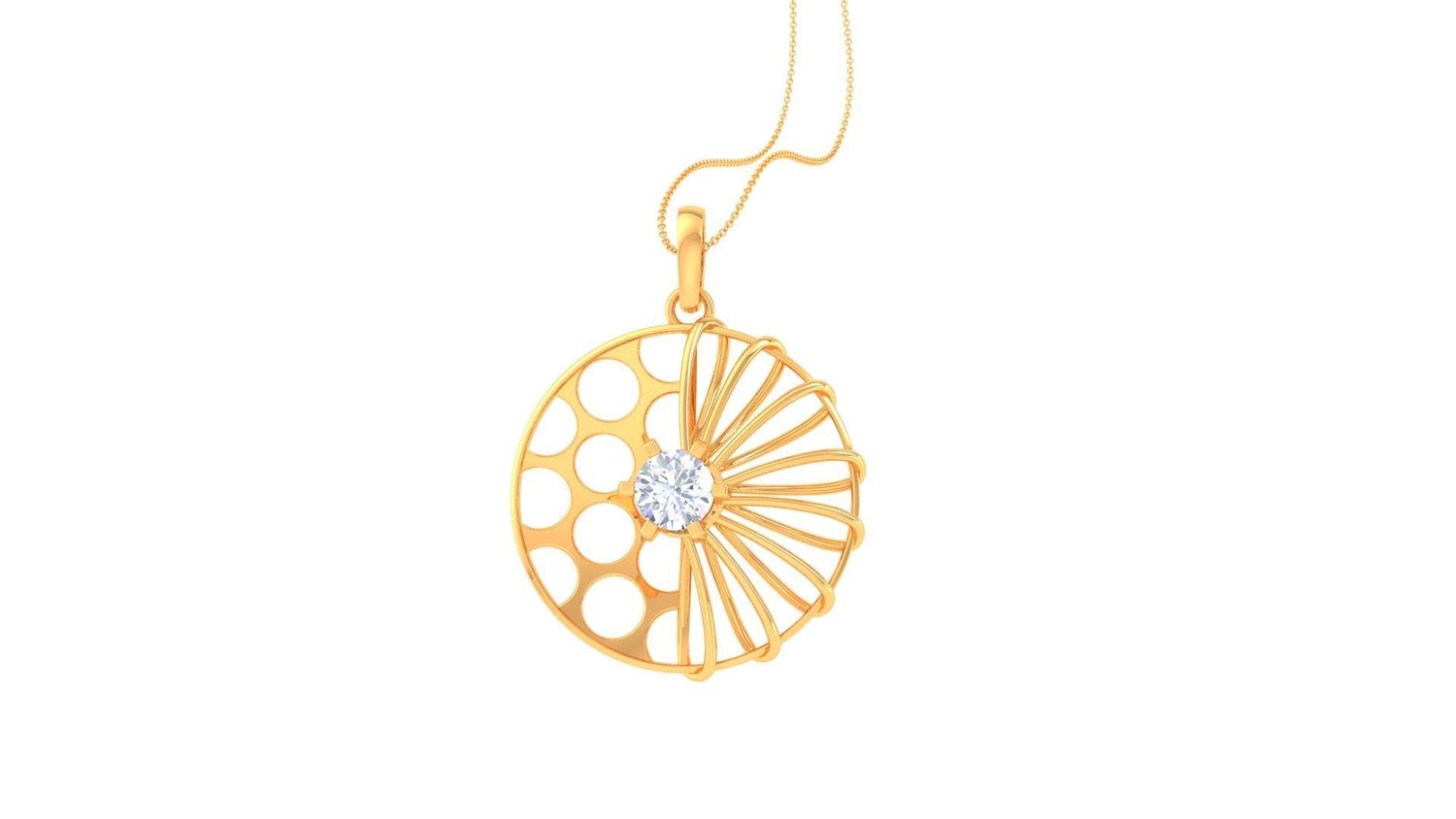 The Niraa Layla Diamond Solitaire Pendant Set is a rose gold jewelry set including a necklace and earrings. Each piece features a circular design with cutout patterns, centered by a sparkling gemstone resembling a stylized flower, embodying luxurious elegance.