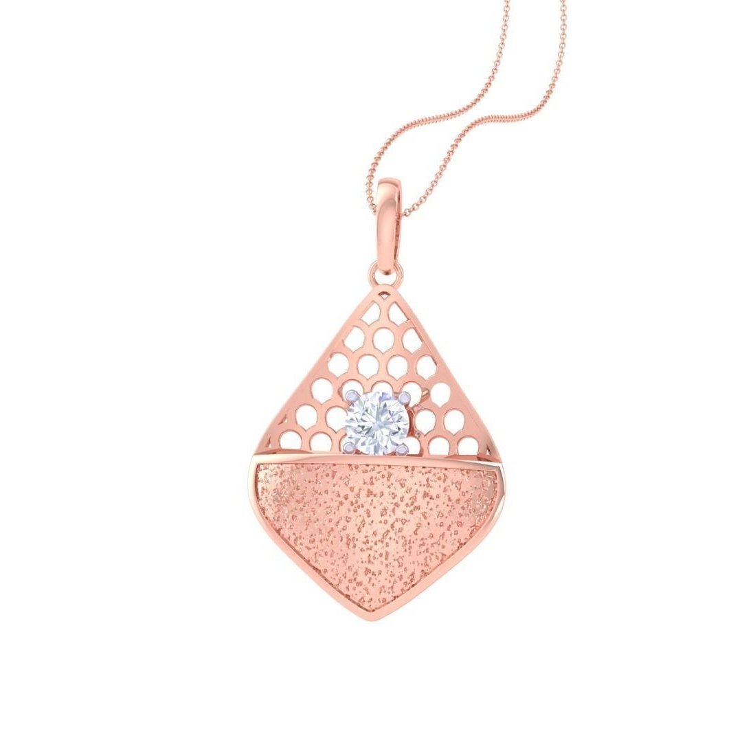 The Niraa Luciana Diamond Solitaire Pendant Set is a luxury rose gold jewelry collection, comprising a necklace and earrings. It features a triangular design with textured finish, openwork detailing, and is topped with sparkling gemstones that evoke diamond solitaire elegance.