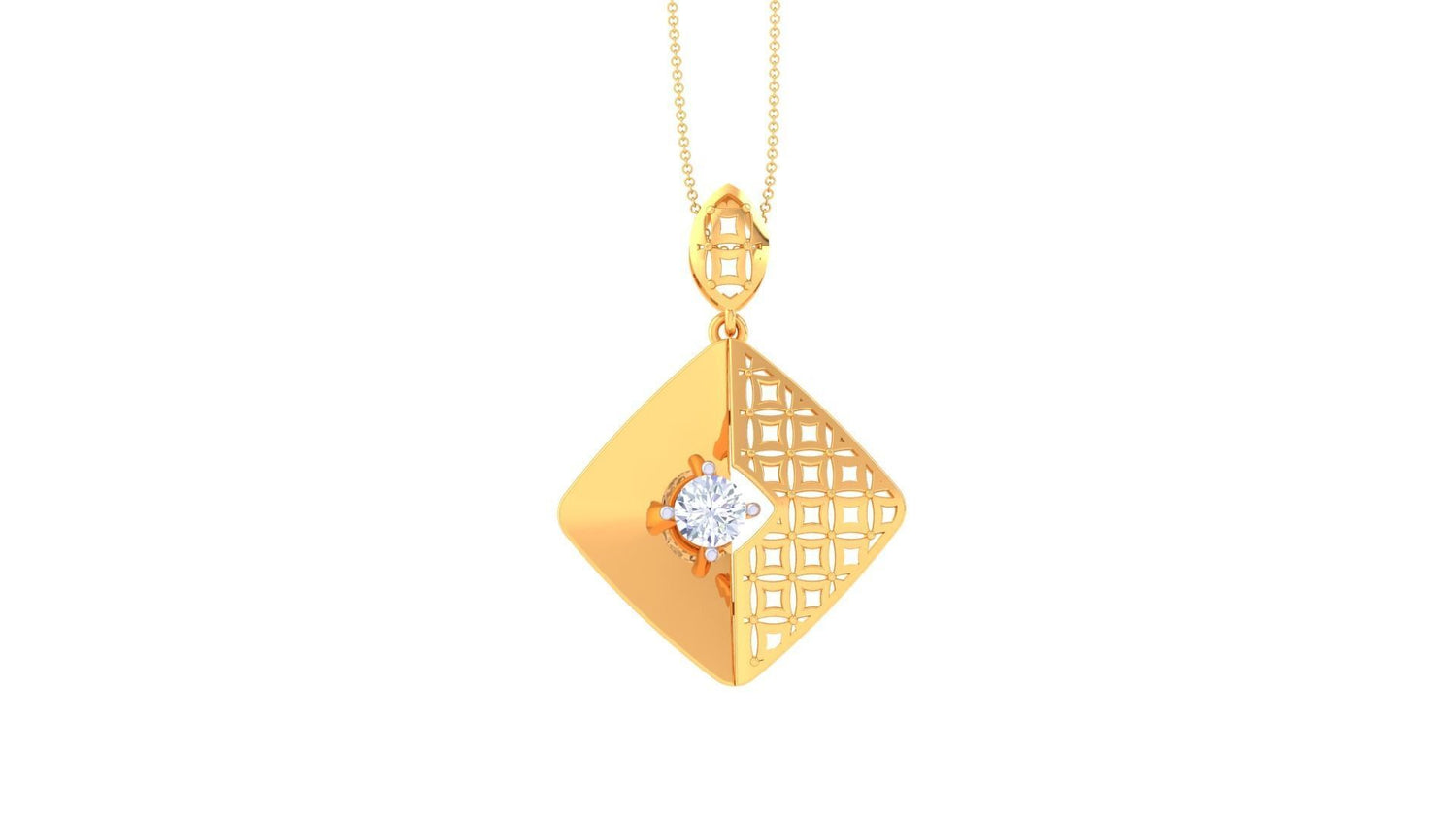 The Niraa Maria Diamond Solitaire Pendant Set features a rose gold jewelry ensemble, including a pendant and earrings. Each piece has a square design with cut-out lattice patterns and a central sparkling gemstone, with the diamond solitaire pendant elegantly hanging from a delicate chain.